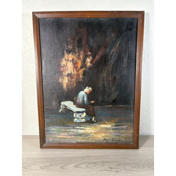 Vintage Original Oil Painting by Maria Rawson – Elderly Woman on Bench – Framed - Picture 1 of 4